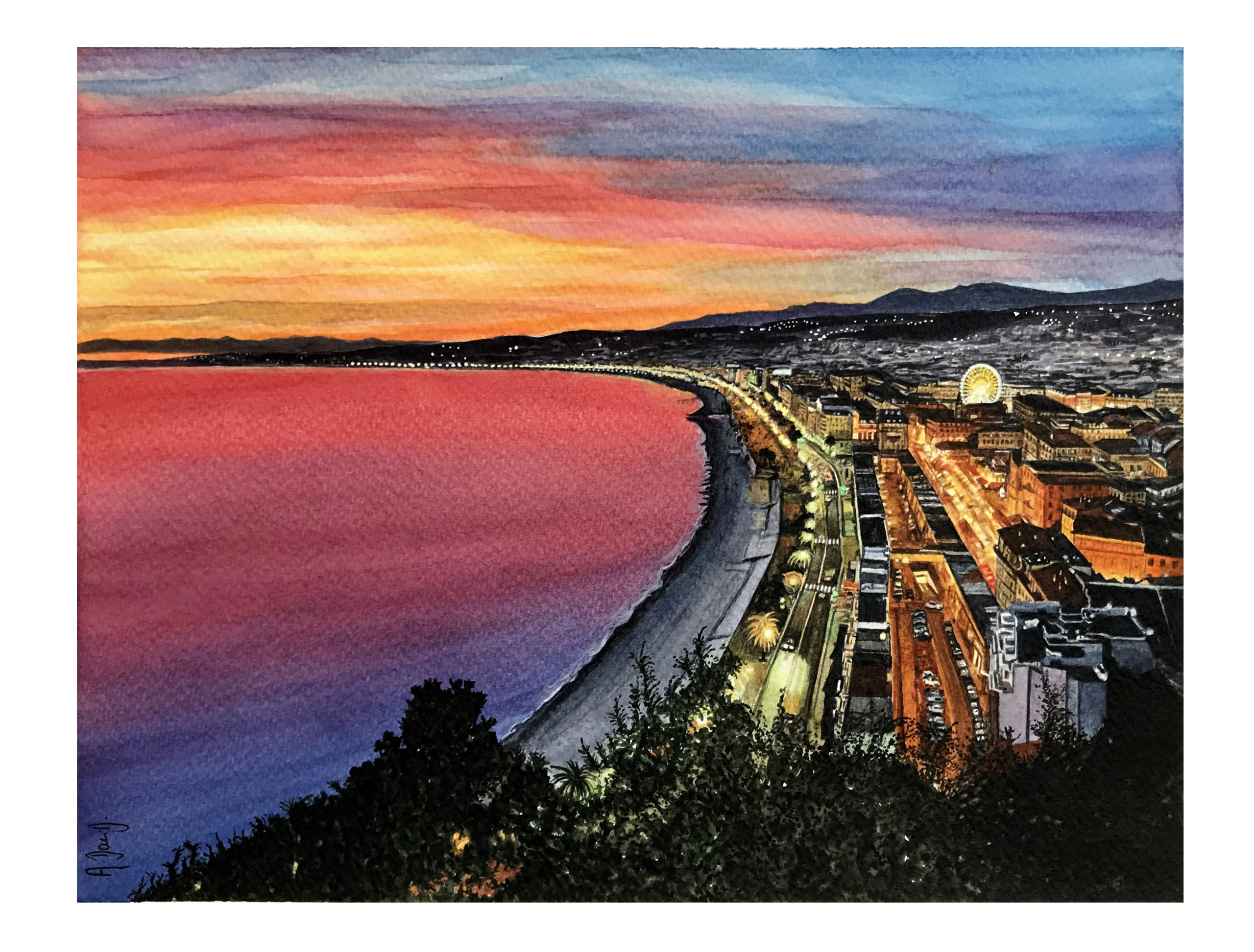 Coucher de soleil sur la Promenade des Anglais